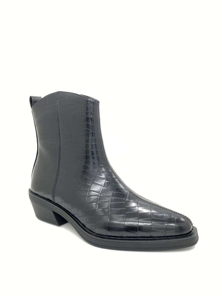 Black Croc-Embossed Ankle Boots