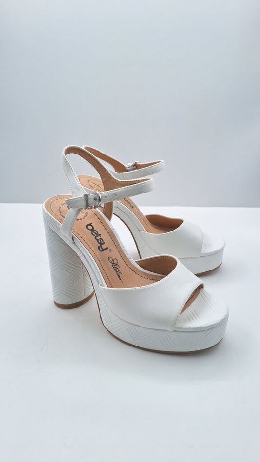 White Textured Platform Sandals with Ankle Strap