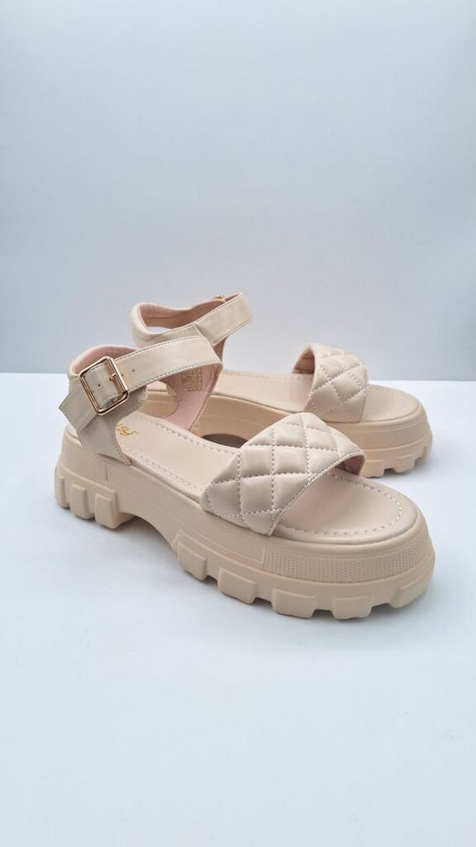 Beige Quilted Platform Sandals with Buckle Strap