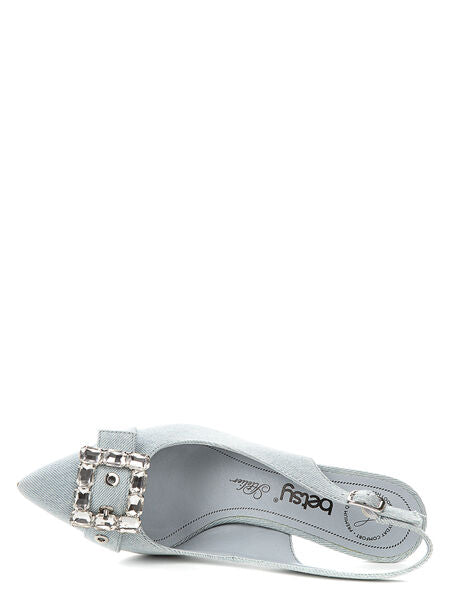 Light Blue Denim Slingback Heels with Rhinestone Buckle