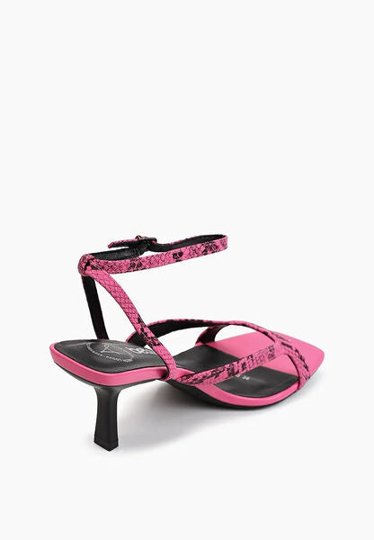 Pink Textured Ankle Strap Heel with Square Toe