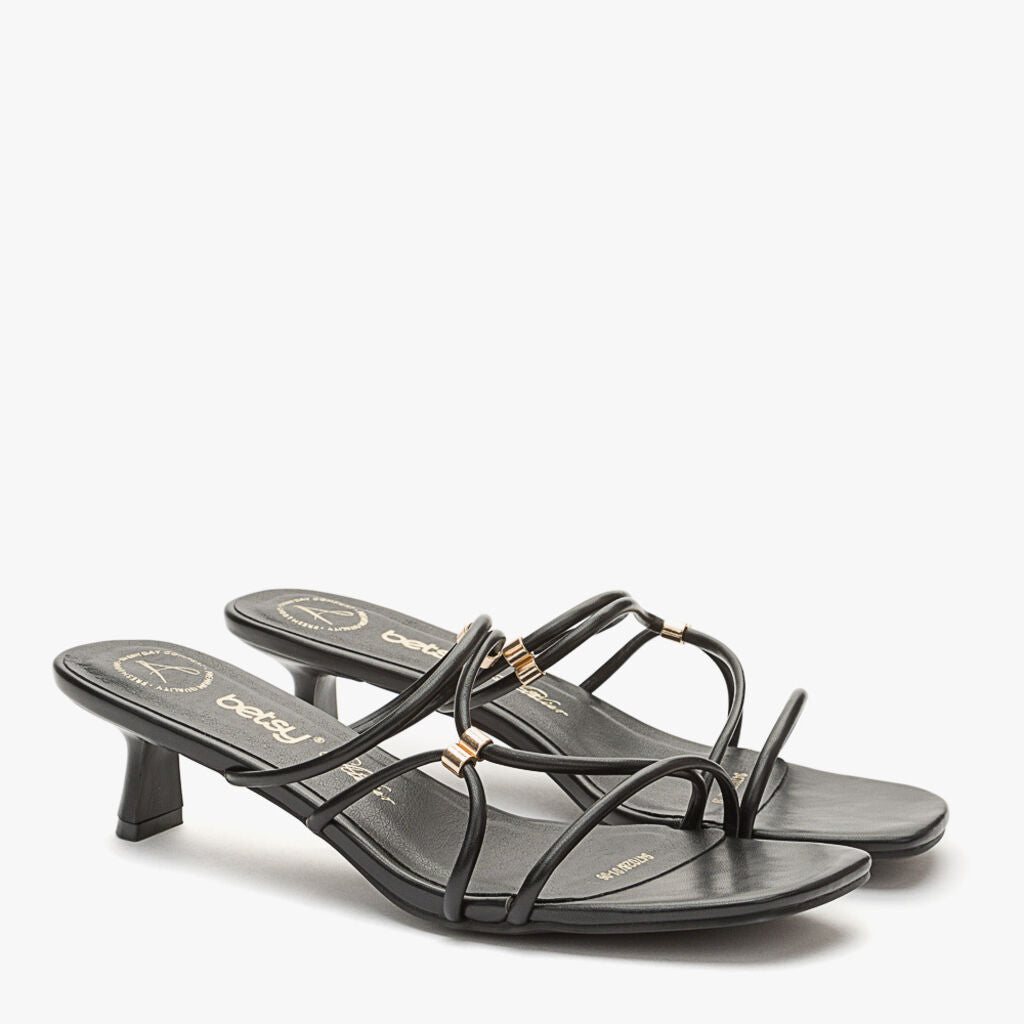 Black Strappy Mid-Heel Sandal with Gold Accents