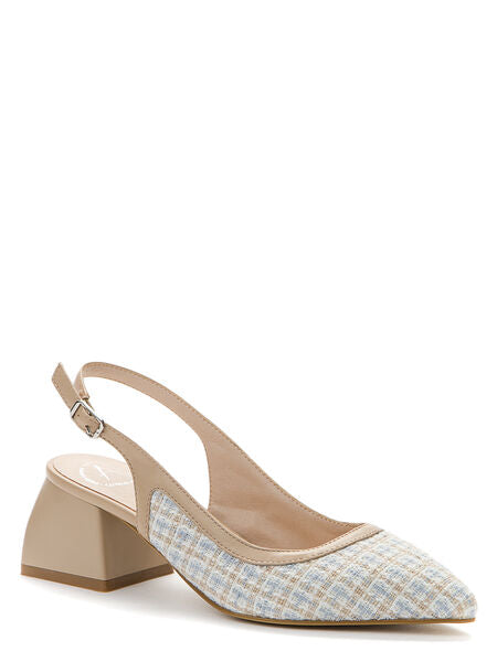 Beige Checkered Slingback Textured Block Heel