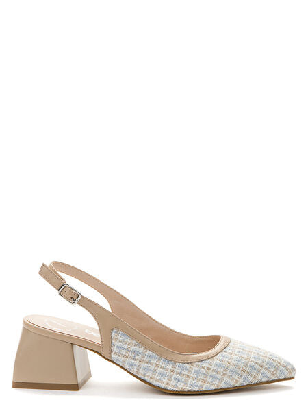 Beige Checkered Slingback Textured Block Heel