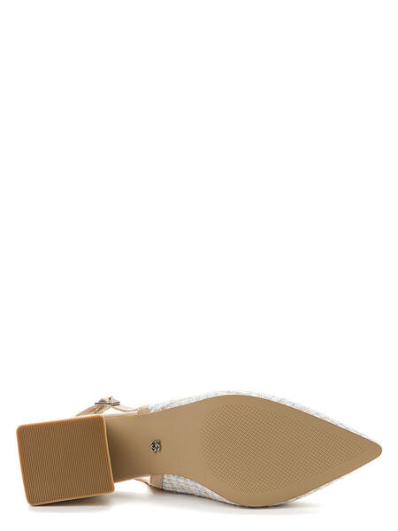 Beige Checkered Slingback Textured Block Heel