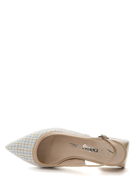 Beige Checkered Slingback Textured Block Heel