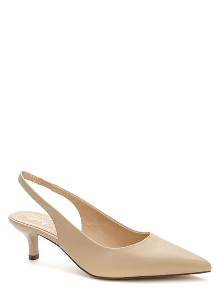Beige Slingback Leather Kitten Heel Pumps