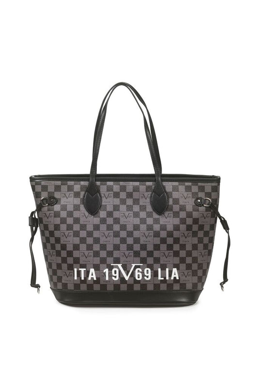Black and Grey Geometric Tote Bag with Logo Accents