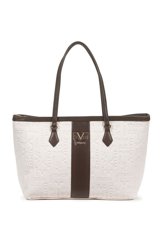 White Embossed Leather Tote Bag with Brown Trim