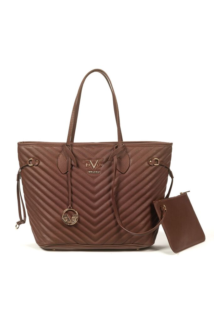 Brown Quilted Tote Bag with Pouch