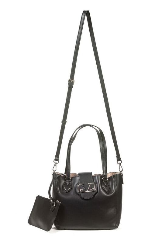 Black Leather Tote with Buckle Accent