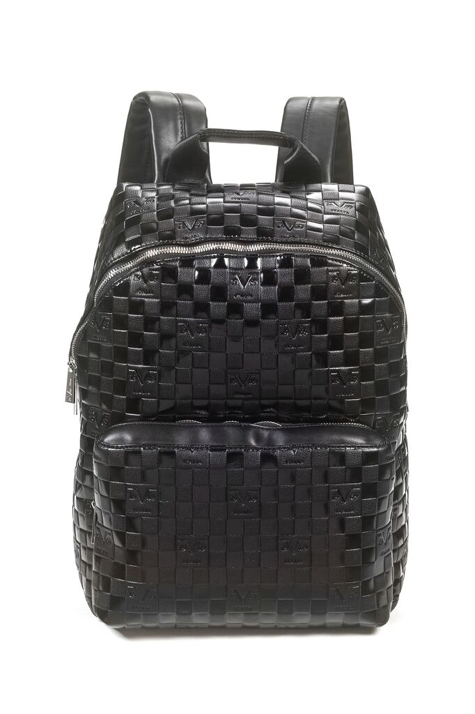 Black Textured Backpack with Woven Pattern