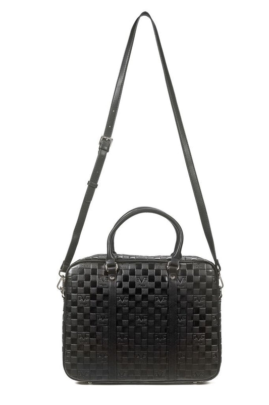 Black Woven Leather Briefcase with Adjustable Strap