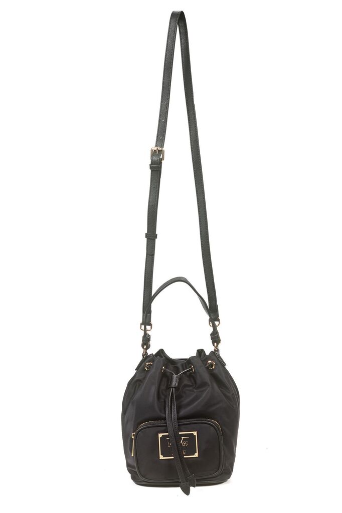 Black Drawstring Bucket Bag with Adjustable Strap
