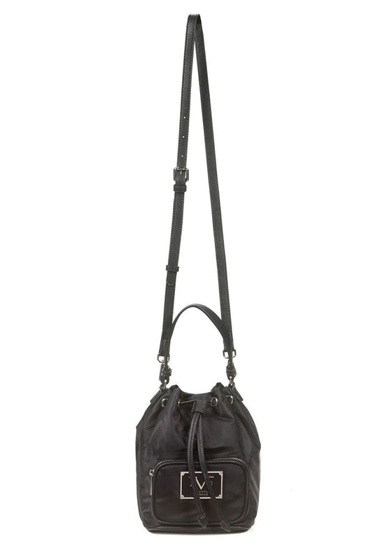 Black Drawstring Bucket Bag with Front Pocket
