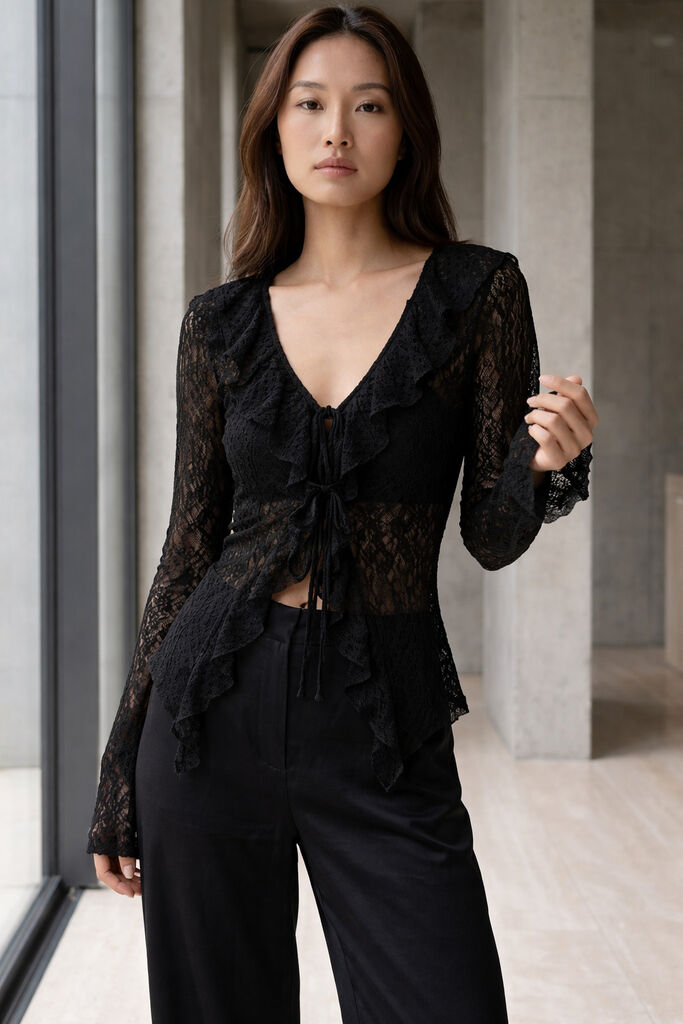 Black Lace Blouse with Ruffle Detail