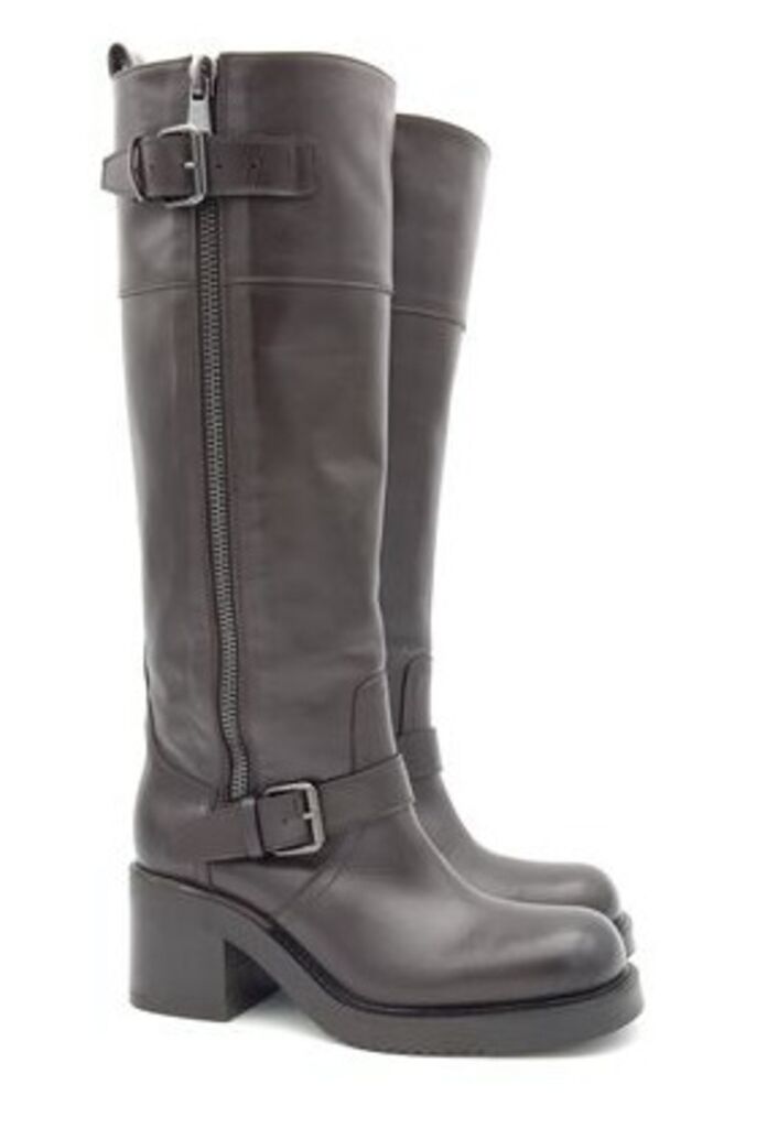 Charcoal High Leather Boots with Buckle Detail