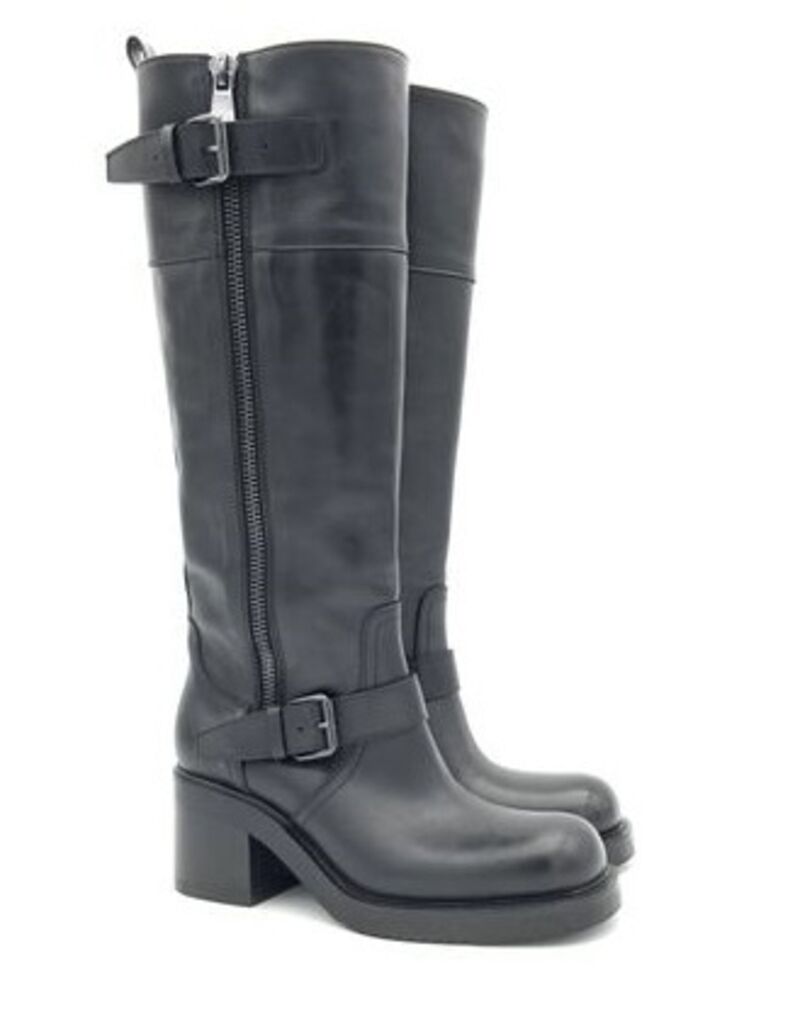 Black Leather Knee-High Boots with Buckle Detail