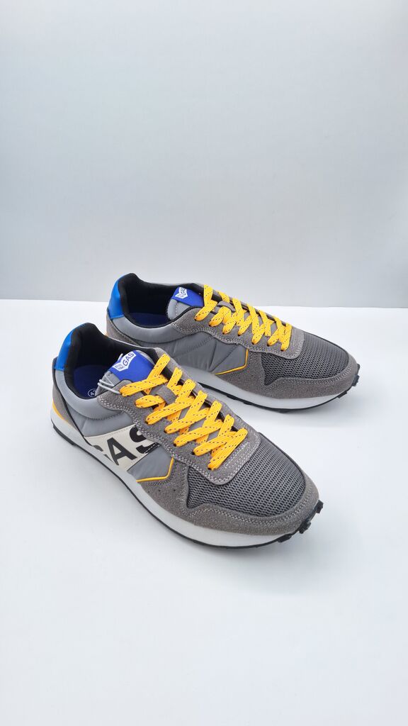 Gray Mesh Sneakers with Vibrant Yellow Laces