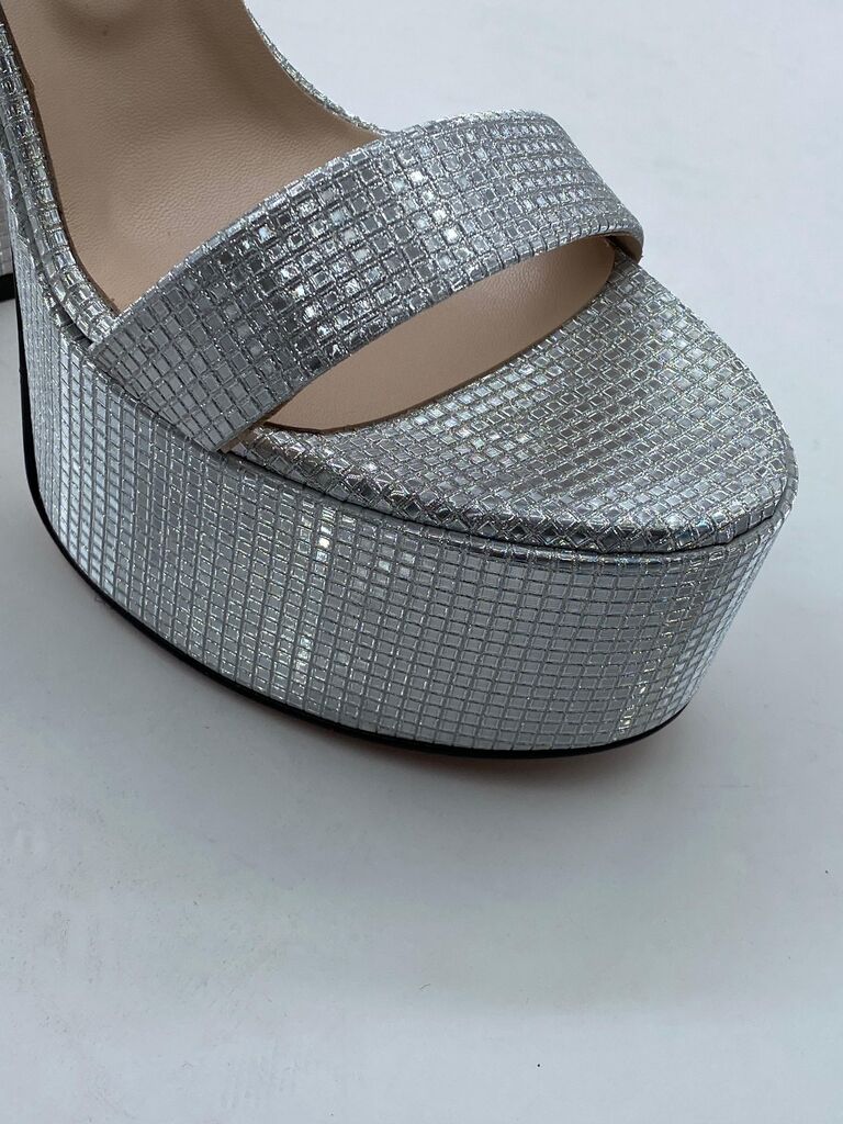 Silver Textured Platform Sandals with Block Heel