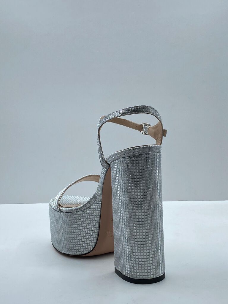 Silver Textured Platform Sandals with Block Heel