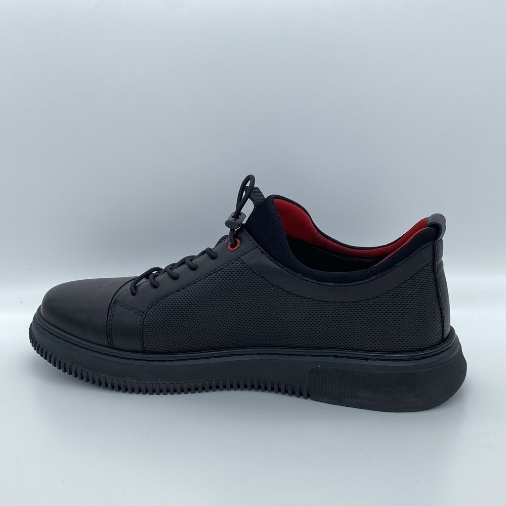 Black Textured Sneakers with Red Accent