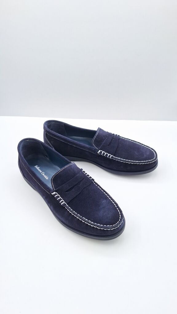 Navy Suede Loafers with Contrast Stitching