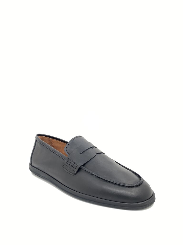 Black Leather Loafers with Penny Strap Detail