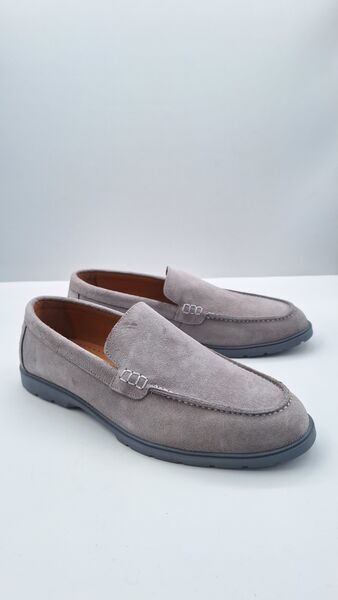 Gray Suede Loafers with Stitch Detail
