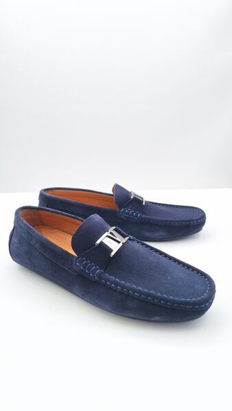 Navy Suede Loafers with Metal Accent