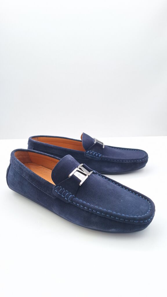 Navy Suede Loafers with Metal Accent