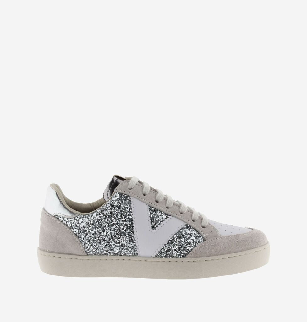 Silver Glitter Low-Top Sneakers with Suede Accents