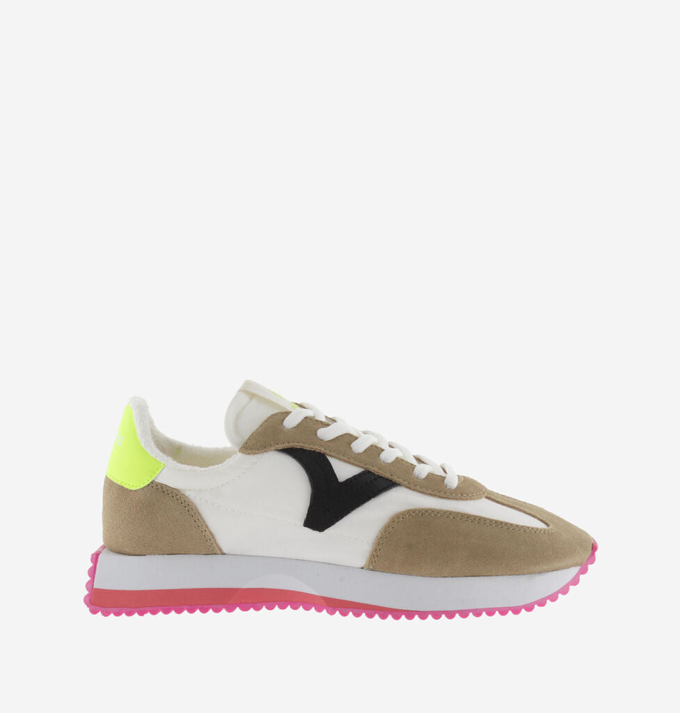 Tan Suede Retro Sneakers with Neon Accents