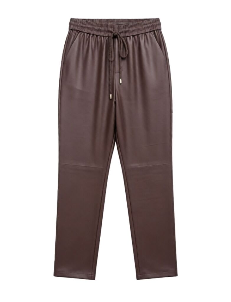 Brown Faux Leather Jogger Pants with Drawstring Waist