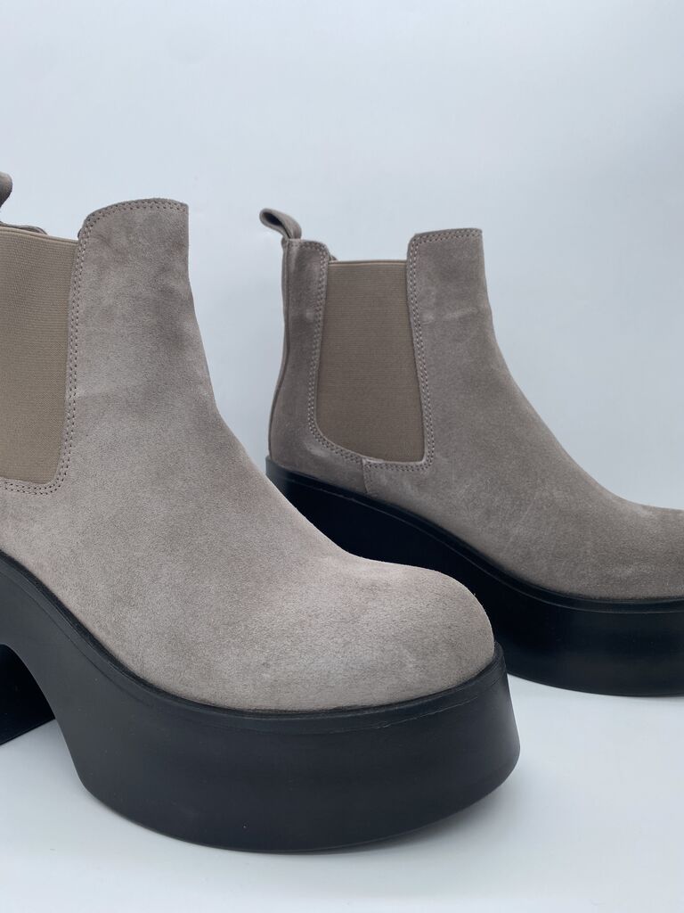 Taupe Suede Platform Ankle Boot with Elastic Panels