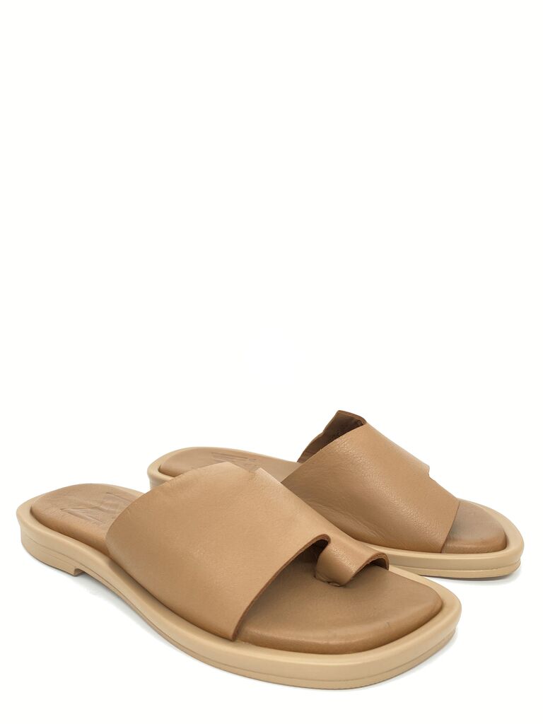 Tan Slip-On Leather Look Sandals with Open Toe