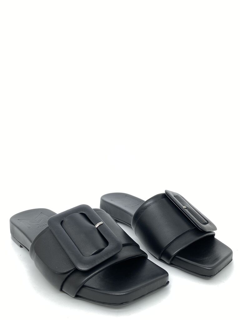 Black Matte Slide Sandal with Oversized Buckle