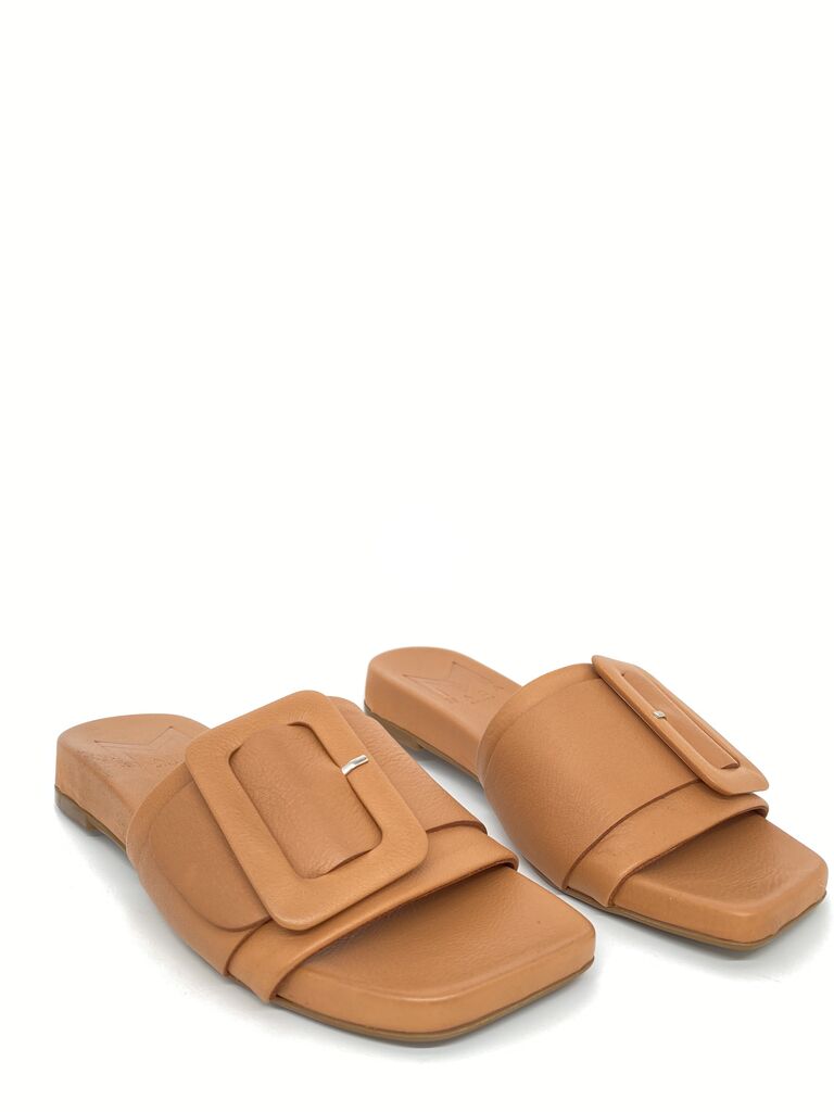 Tan Textured Slide Sandal with Buckle Detail