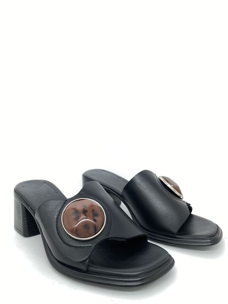 Heeled Mule Open-Toe Nappa BLACK