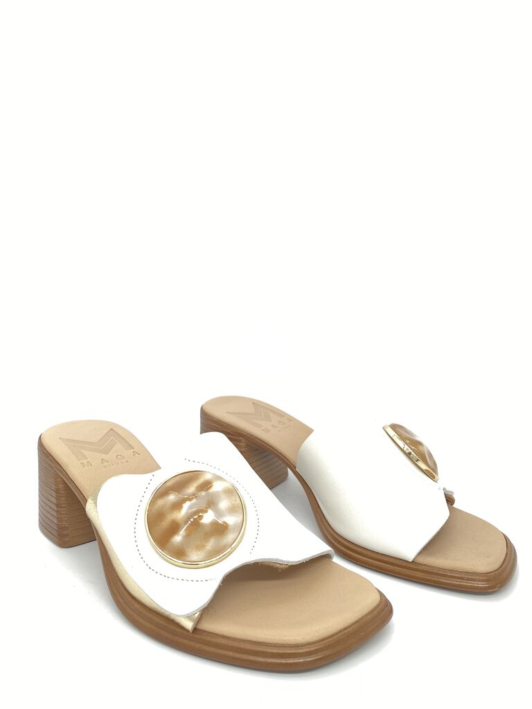White Leather Heeled Sandal with Pearl Accent
