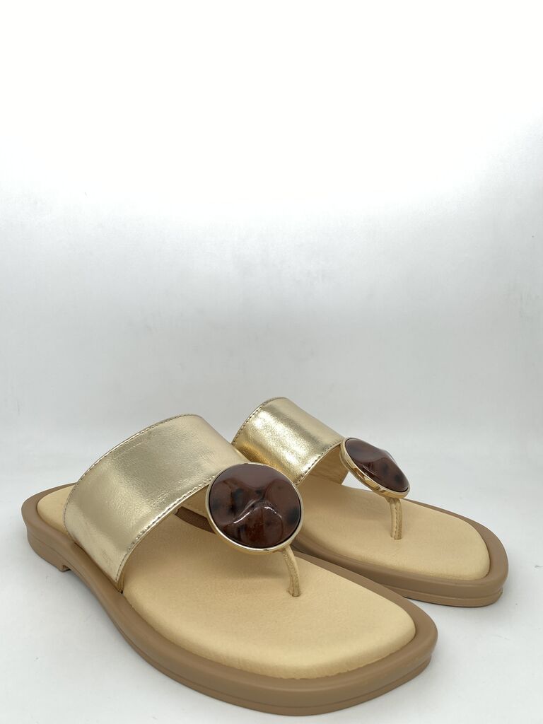 Gold Metallic Slide Sandal with Tortoise Accent