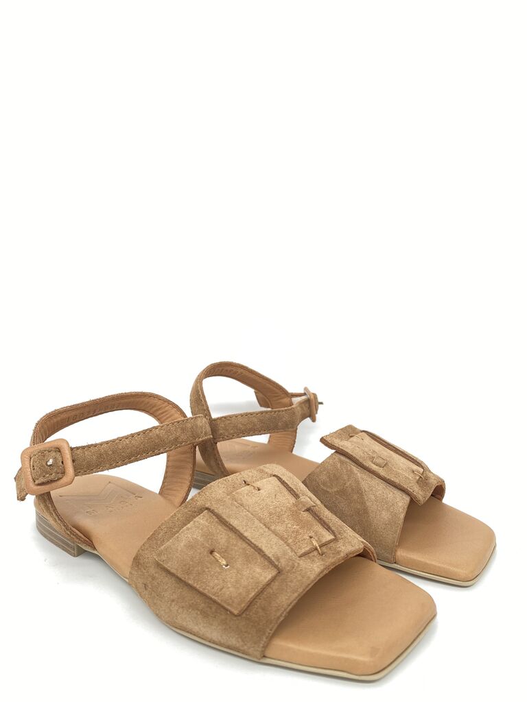 Tan Suede Open-Toe Sandal with Buckle