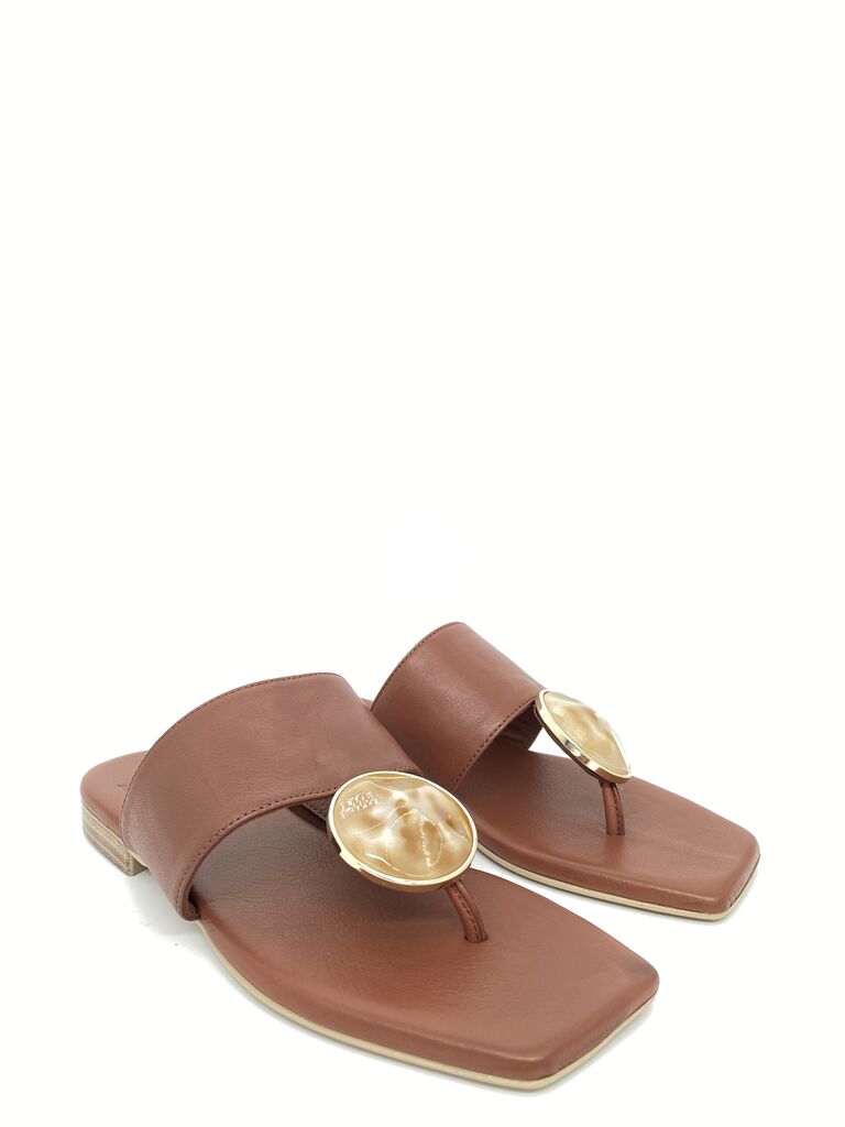 Brown Leather Slide Sandals with Gold Accent