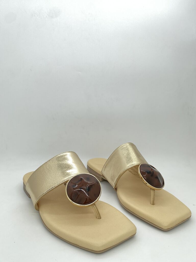 Gold Metallic Slide Sandal with Embellished Accent