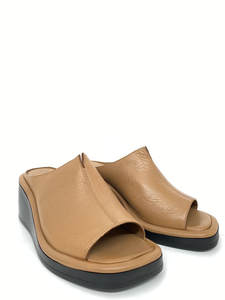 Tan Leather Wedge Sandal with Peep Toe