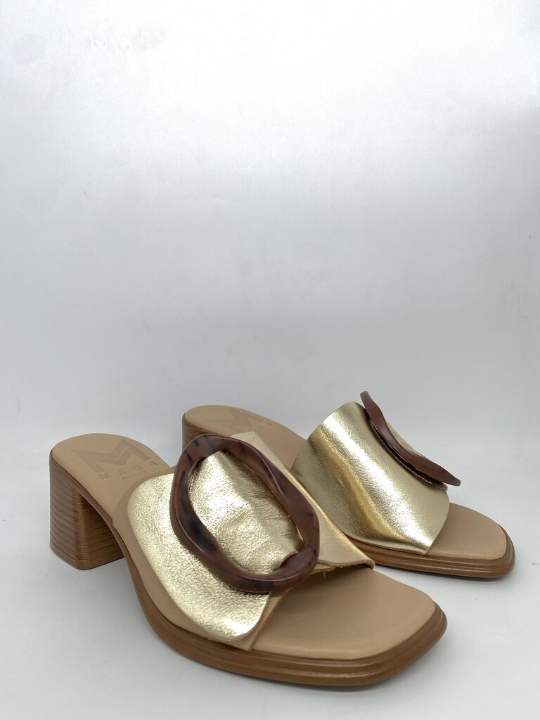Gold Accent Leather Mules with Wooden Block Heel
