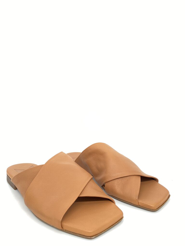 Tan Leather Slide Sandals with Cross Strap Design