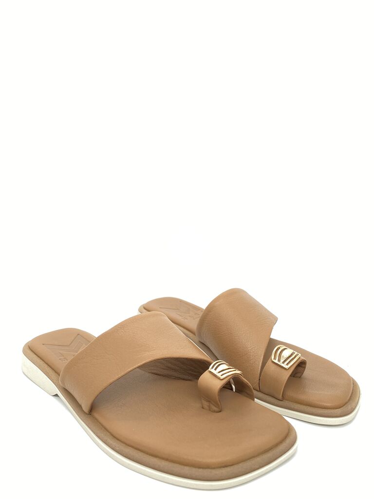 Tan Leather Slide Sandals with Toe Loop
