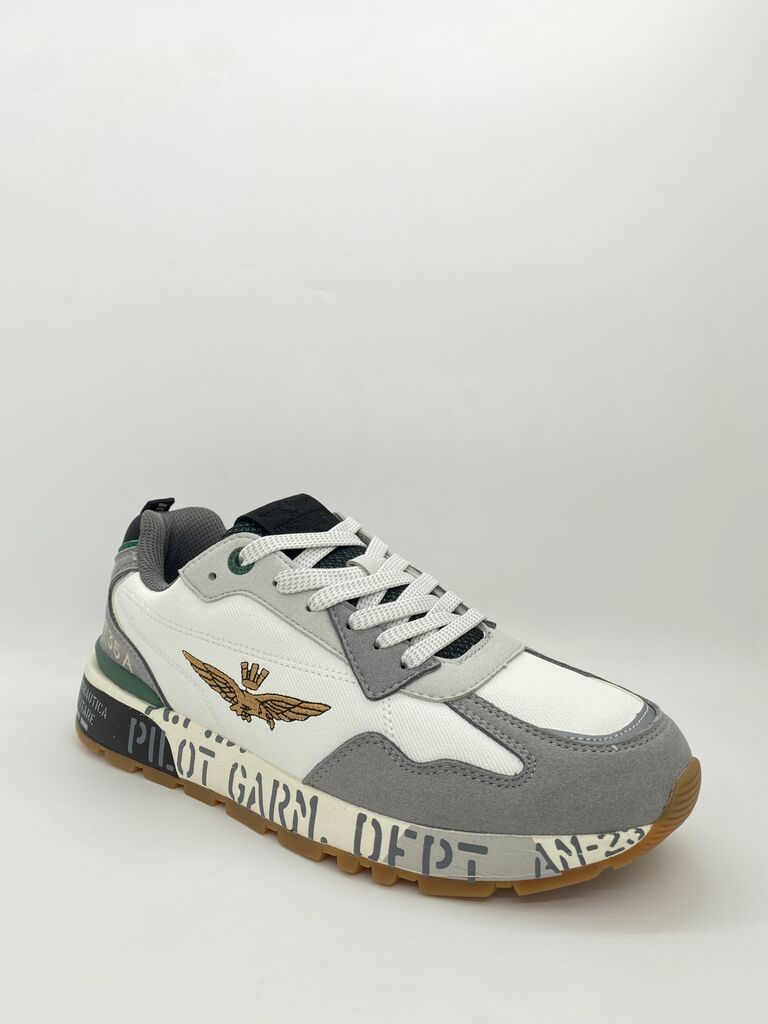 White and Gray Textured Sneakers with Embroidered Logo