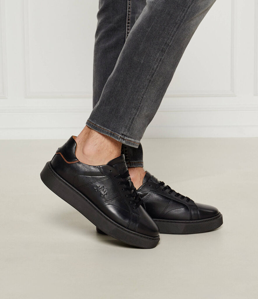 Black Leather Platform Sneakers with Embossed Detail